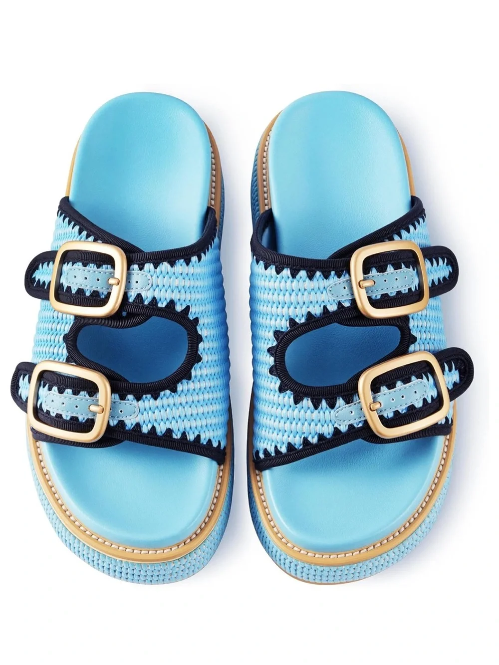 New! Blue Double-Buckle Slide Sandals Platform